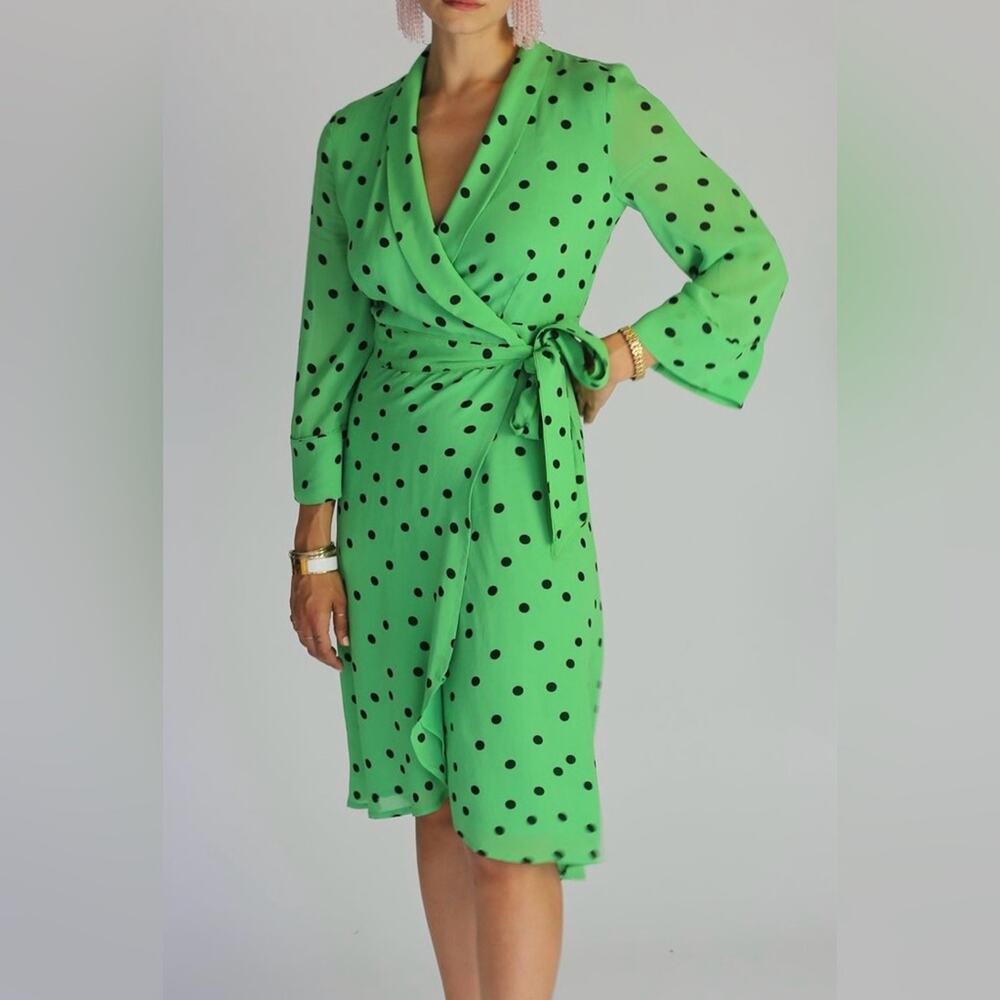 Ganni Dainty Georgette Polka Dot Wrap Dress Green Viscose Sz 4